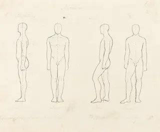 Extent of Motion, Front and Side View Equipoised, Supported on One Leg, by George Scharf, ink, 1829