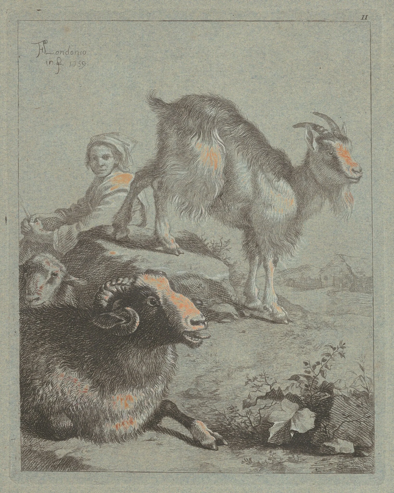 Seated Shepherdess, a Ram, a Sheep and a Goat, detail
