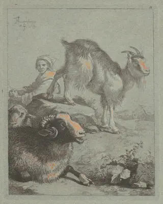 Seated Shepherdess, a Ram, a Sheep and a Goat, by Francesco Londonio, ink, 1759