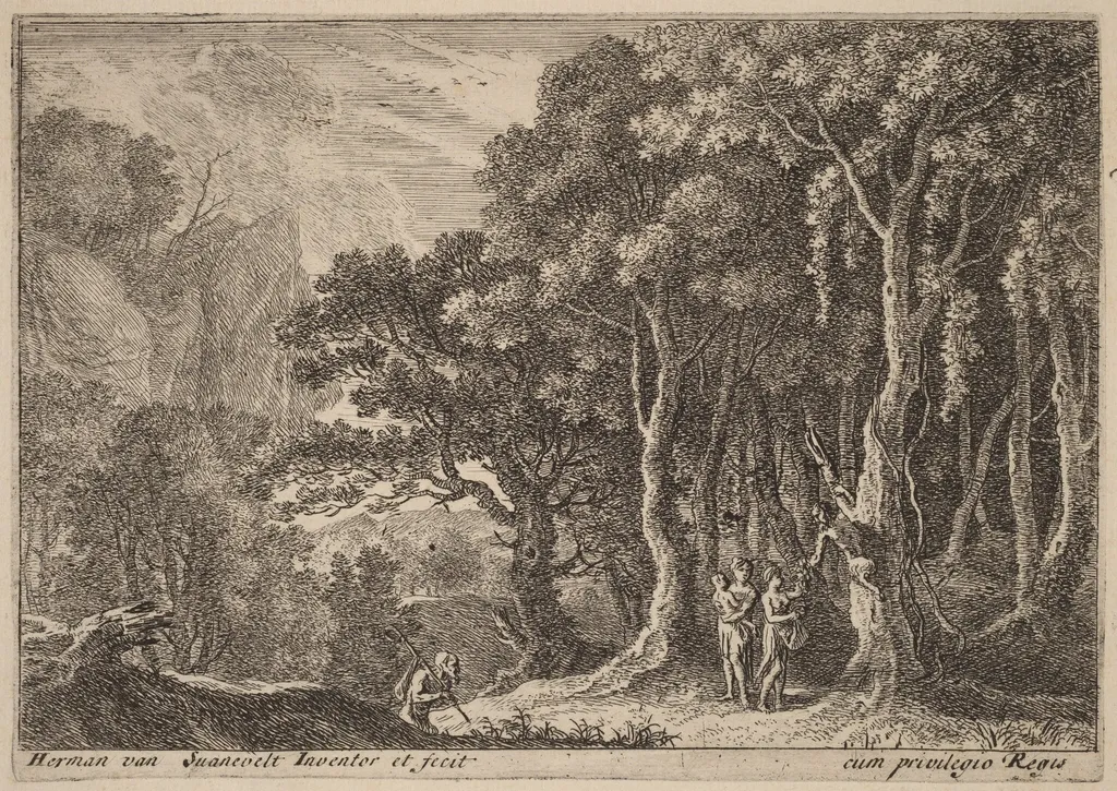 A Satyr Gathering Fruit, by Herman van Swanevelt, ink, 1628