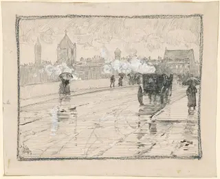 Rainy Day, Boston, by Childe Hassam, ink, 1886