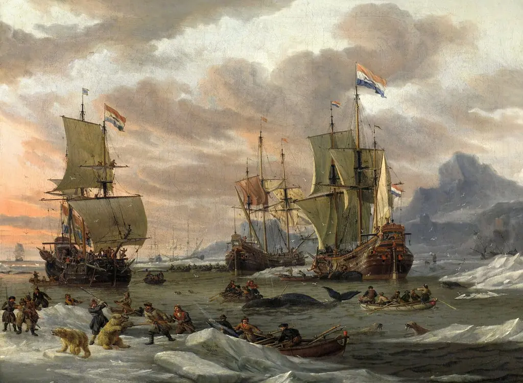 Whaling Grounds in the Arctic Ocean, by Abraham Storck, oil, 1691