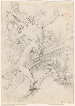 A Female Figure Seated on an Entablature, Holding a Distaff, by Lorenzo De Ferrari, chalk, 1705