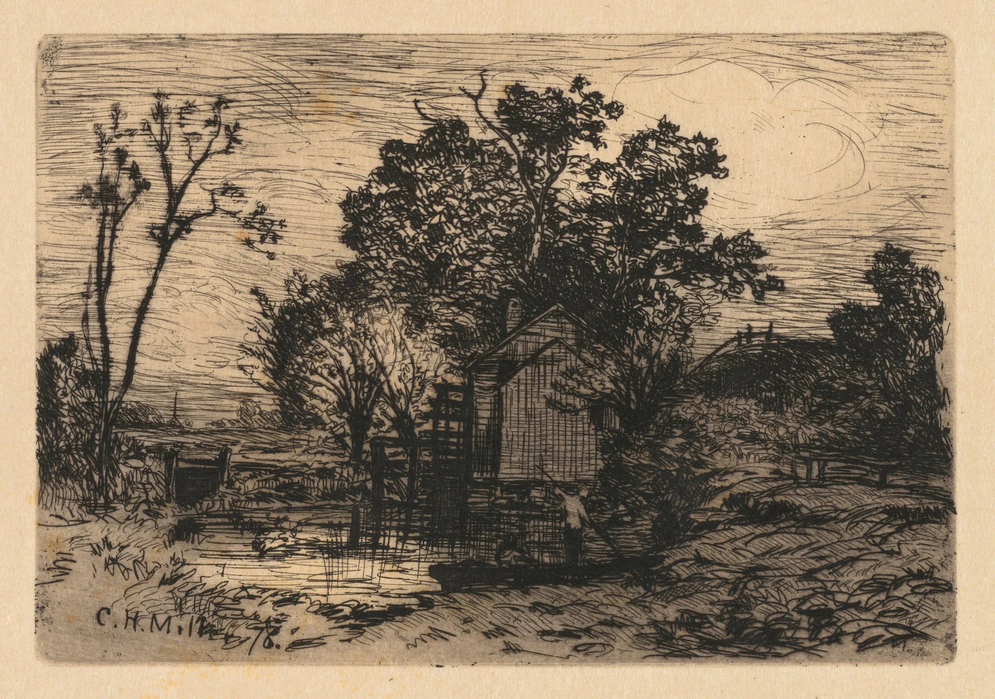 Cottage and Two Figures in a Boat, detail
