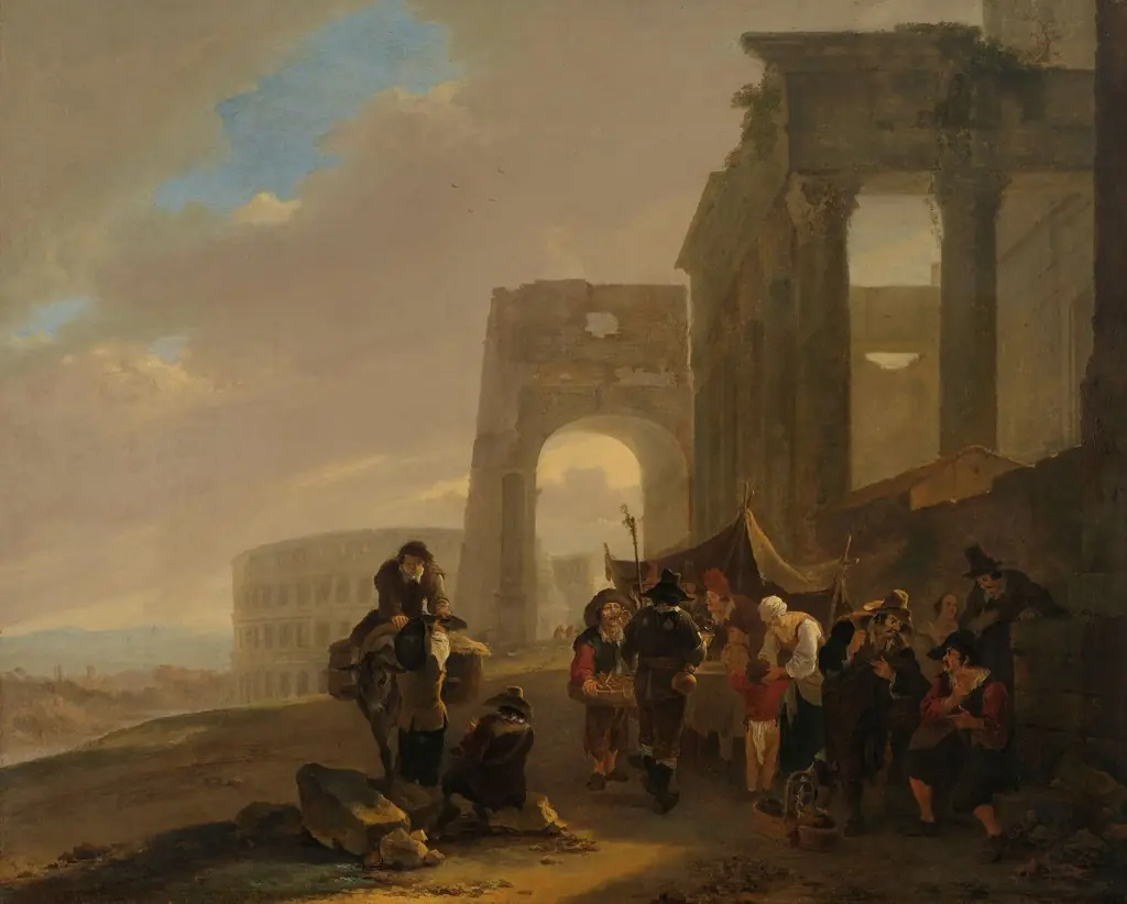 Street scene placed among Roman ruins, by Jan Both, oil, 1650