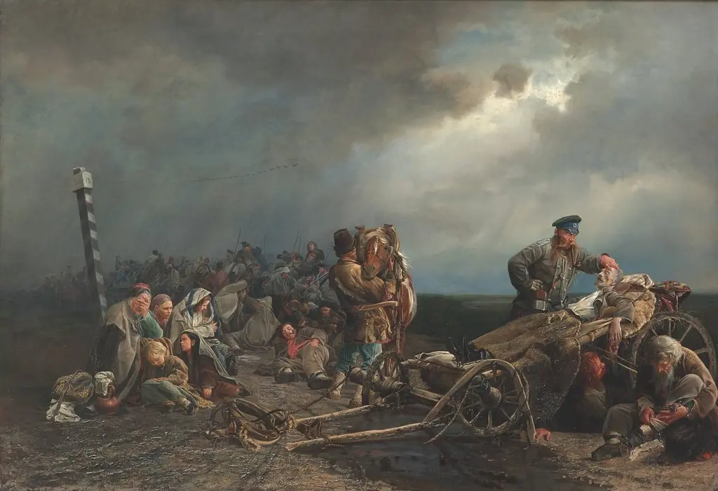 Halt for prisoners, by Valery Jacobi, oil, 1861