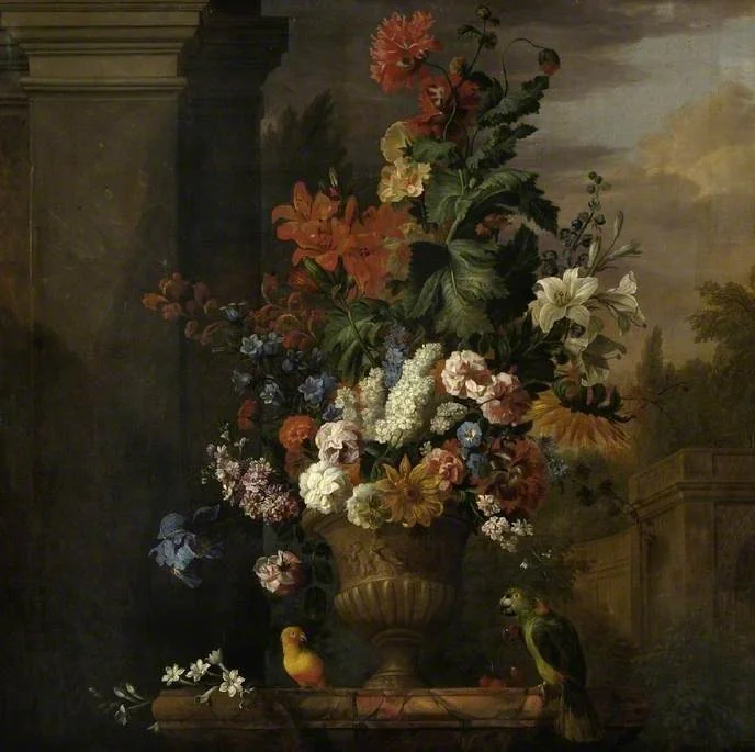 A stone vase of flowers, detail