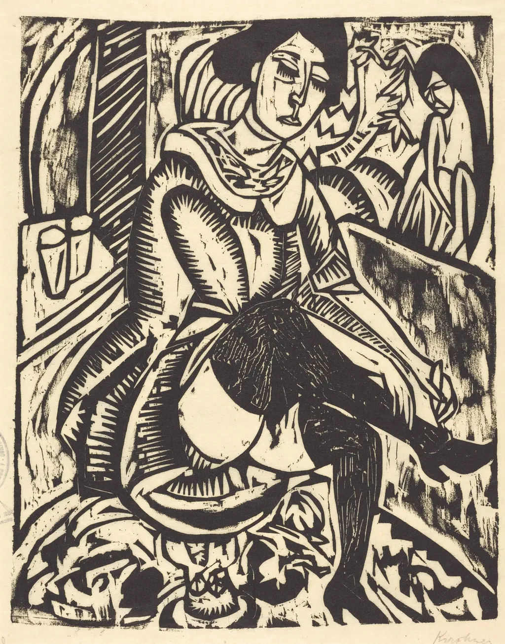Woman Tying Her Shoe (Frau, Schuh Zuknopfend), by Ernst Ludwig Kirchner, ink, 1912