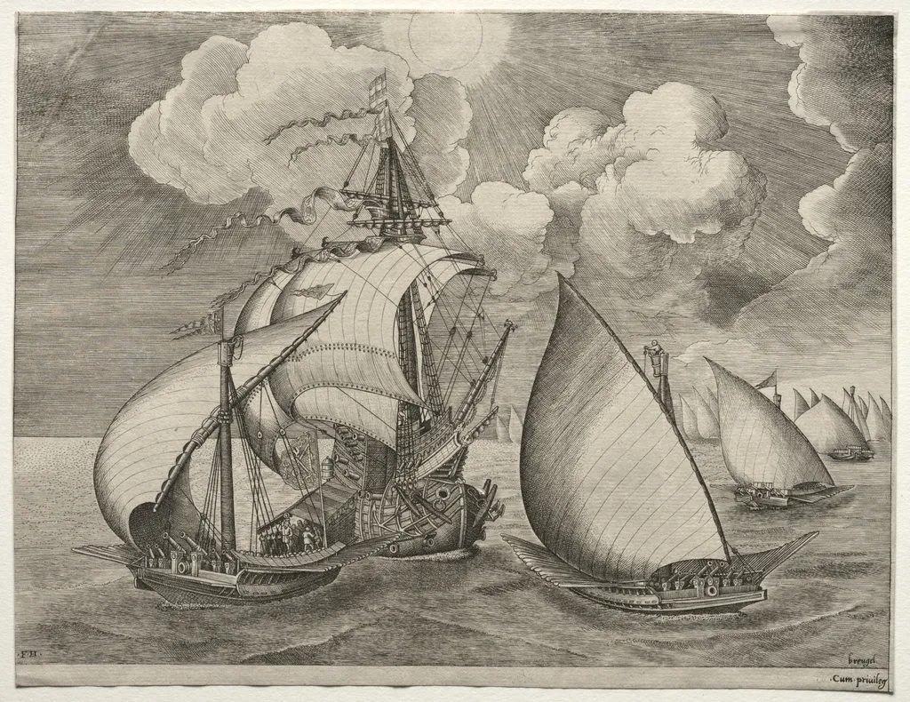 Sailing Vessels: A Fleet of Galleys Escorted by a Caravel, by Pieter Brueghel I, 1563