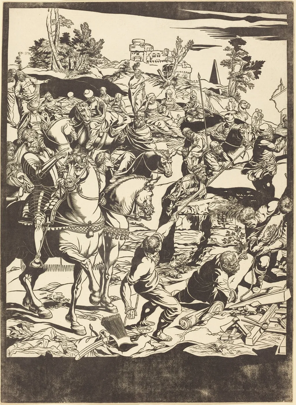 The Crucifixion [left plate], by John Baptist Jackson, ink, 1741
