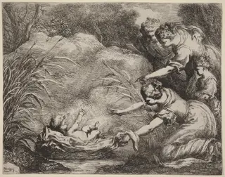The Finding of Moses, by Bartolomeo Biscaino, ink, 1644