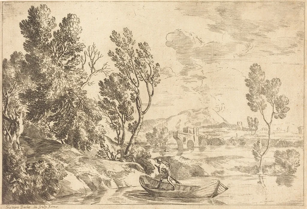 Roman Landscape, by Gaspard Dughet, ink, 1645