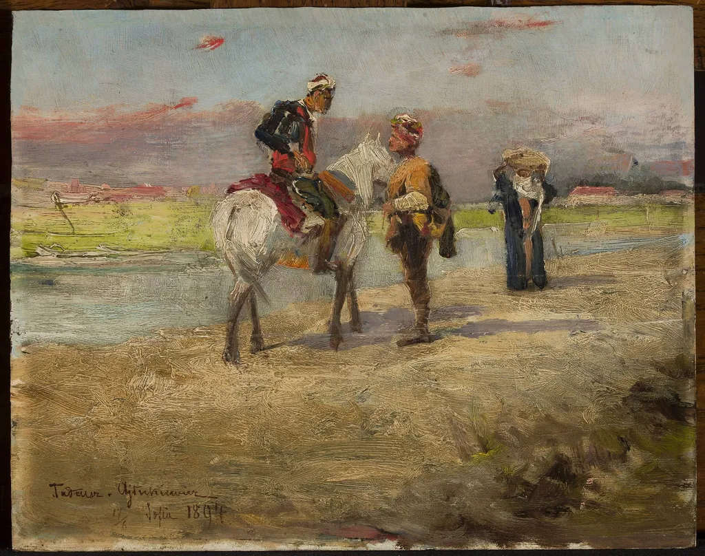 Eastern scene against a landscape, by Tadeusz Ajdukiewicz, oil, 1898