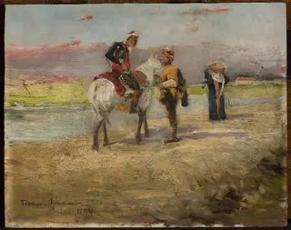 Eastern scene against a landscape, by Tadeusz Ajdukiewicz, oil, 1898