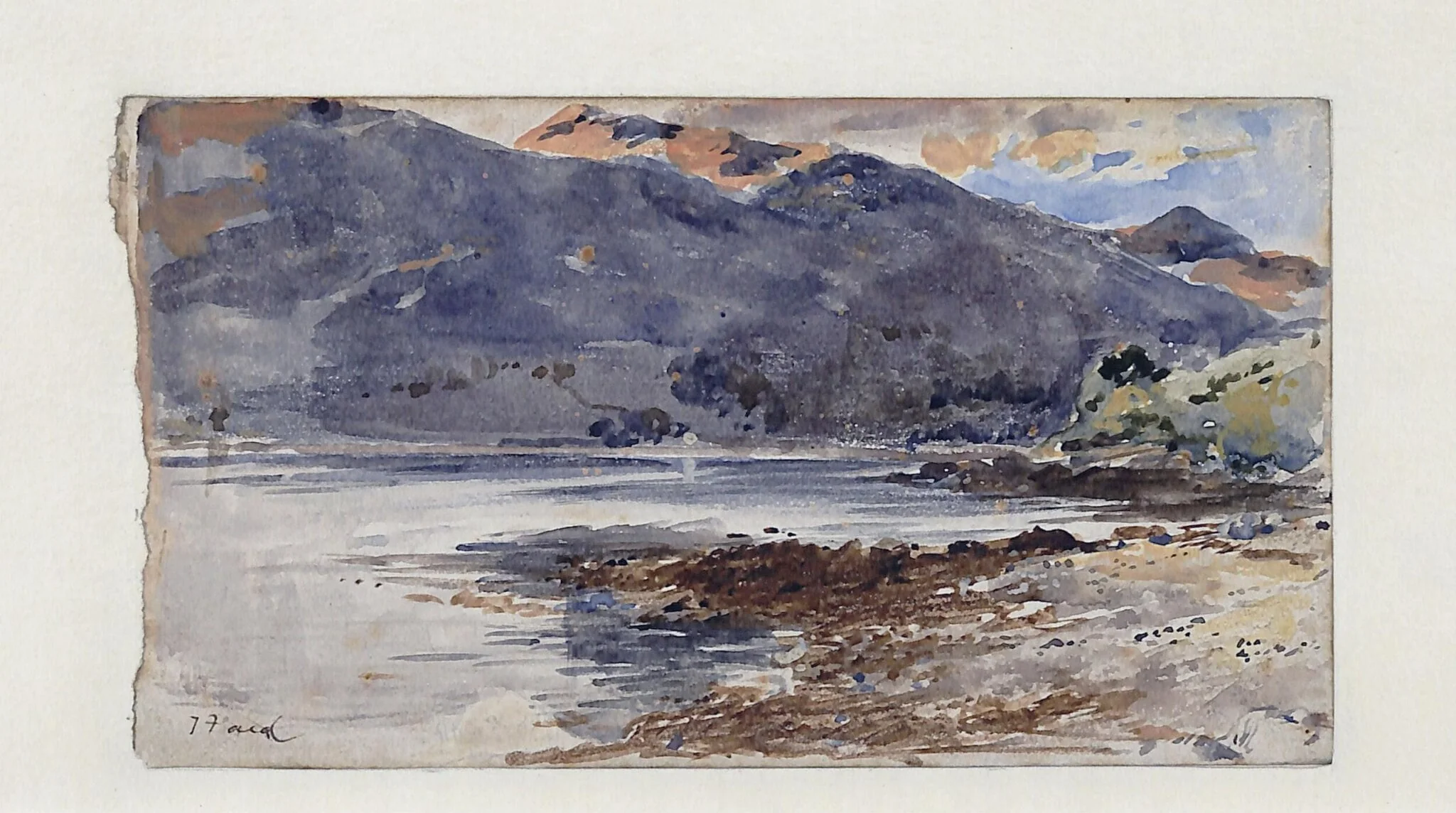 A River Scene with Mountains in the Distance - A Sketch, detail