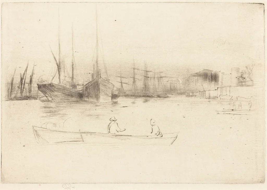 Steamboats off the Tower, by James McNeill Whistler, ink, 1875