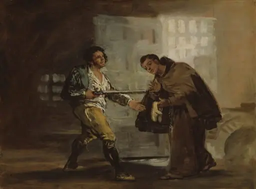 Friar Pedro Offers Shoes to El Maragato and Prepares to Push Aside His Gun, by Francisco Goya, oil, 1806