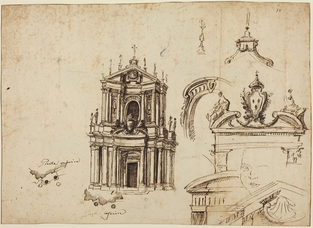 Studies for the Façade of Santa Cristina [recto], by Filippo Juvarra, chalk, 1715