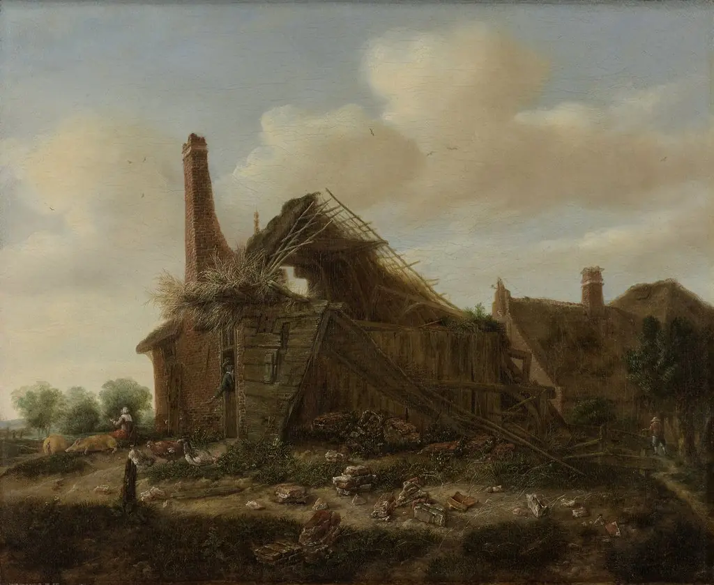 Farmhouse in ruins, by Emanuel Murant, oil, 1670