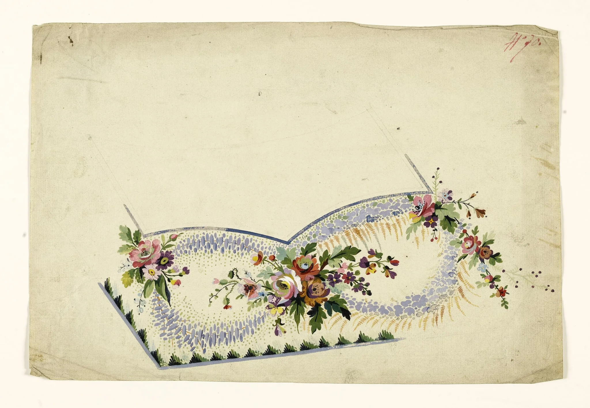 Composition florale de bouquets multicolores et guirlandes mauves, projets de broderies de gilet, XVIIIème siècle, detail