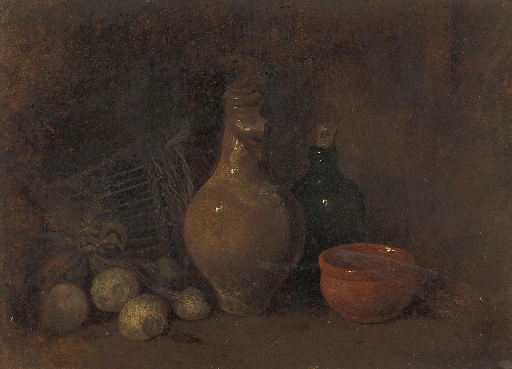 Stilleven met vier vruchten, glas en aardewerk, by François Bonvin, oil, 1850