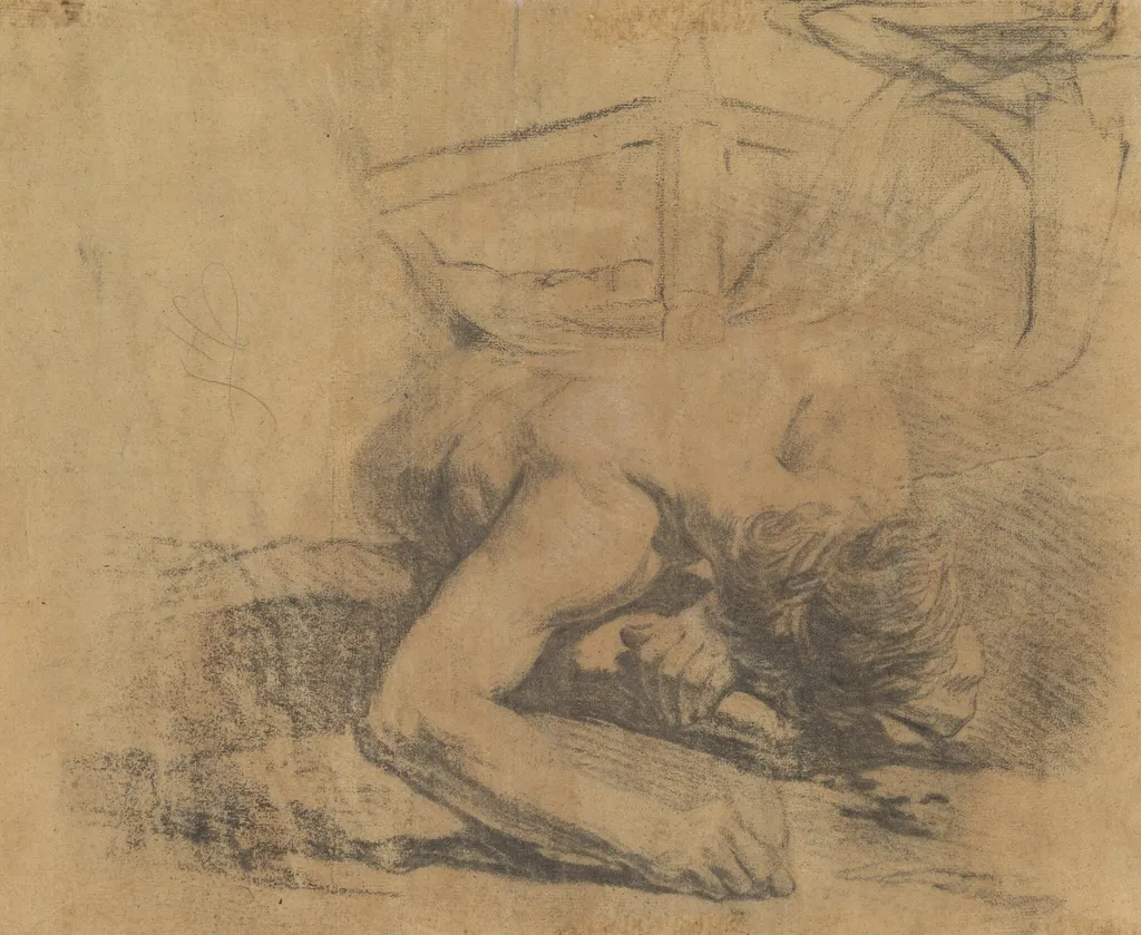 Man Reclining on the Ground and the Corner of a Bed [verso], by Jean-Baptiste Deshays, chalk, 1762