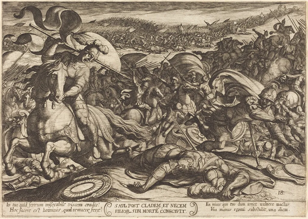 Saul Kills Himself after the Defeat of his Army by the Philistines, by Antonio Tempesta, ink, 1613