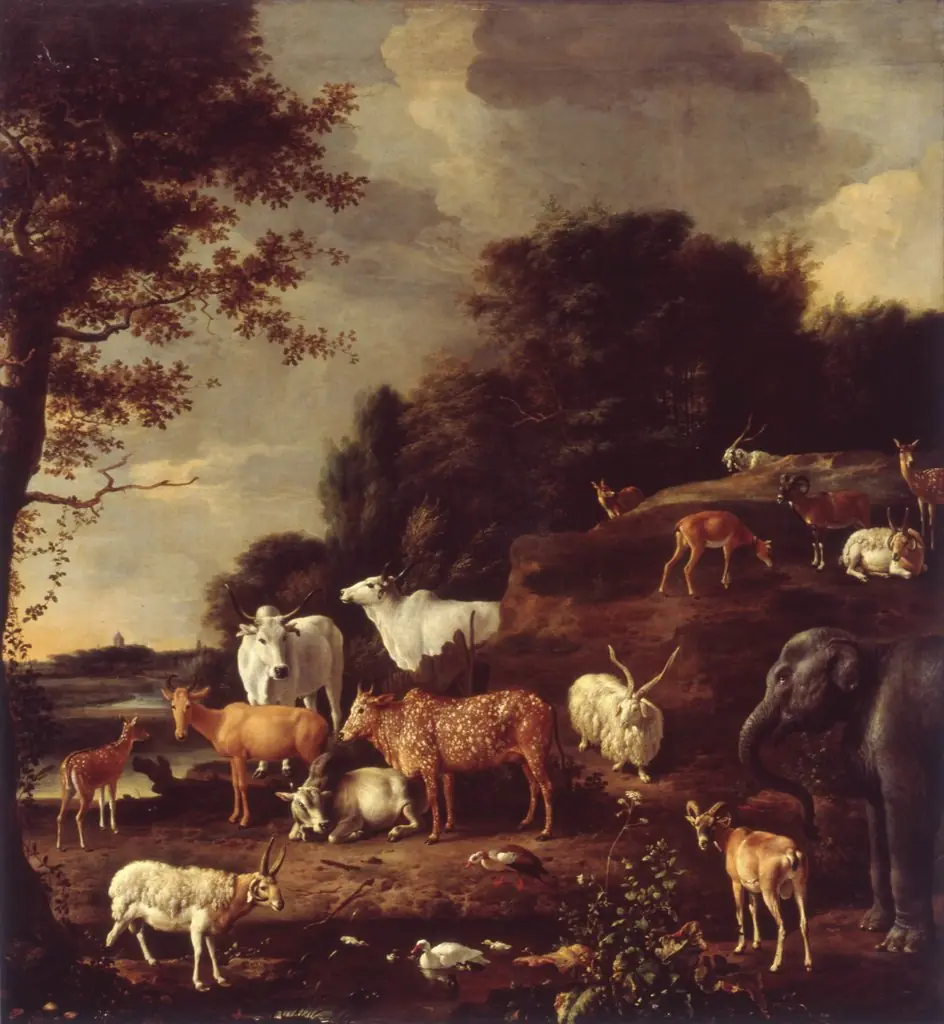 Landscape with Exotic Animals, by Melchior d' Hondecoeter, oil