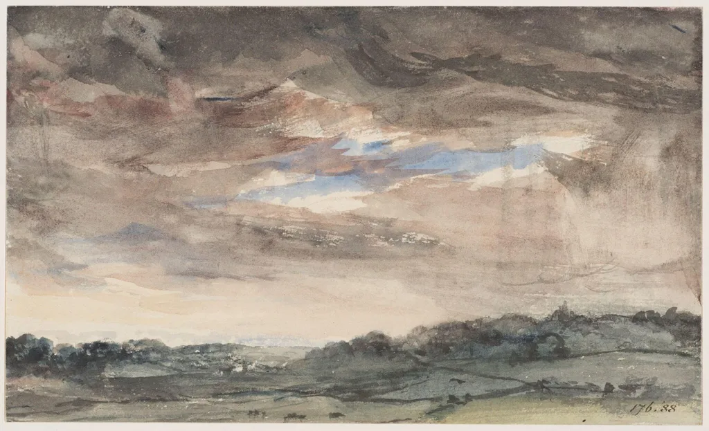 View over hilly country, with a stormy sky, by John Constable, watercolor, 1830