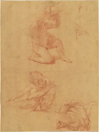 Two Nude Children Lifting a Cudgel, by Pompeo Batoni, chalk, 1748