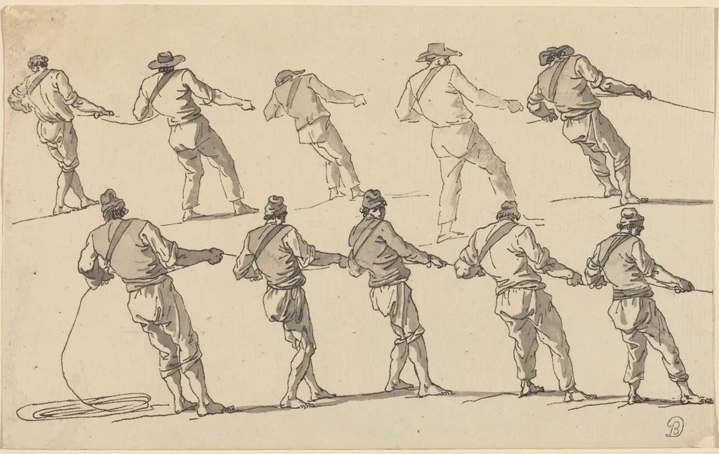 Ten Men Pulling on Ropes, by Joseph Vernet, ink, 1752