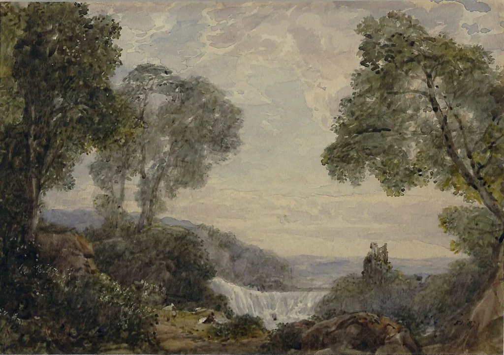 A still summer day: hilly landscape, with cascade and ruin, by Finch, watercolor, 1825