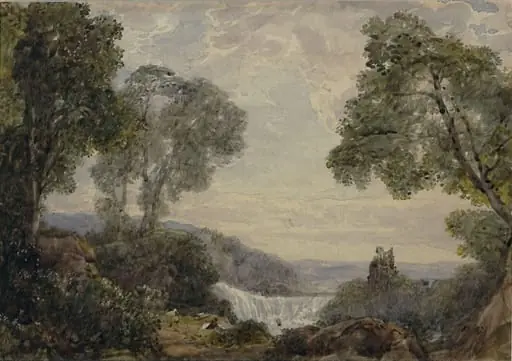 A still summer day: hilly landscape, with cascade and ruin, by Finch, watercolor, 1825