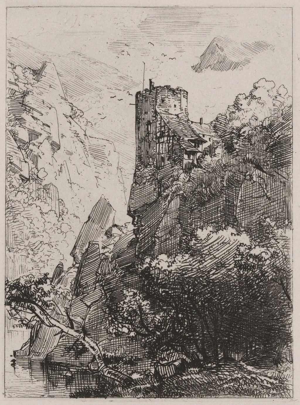 Watchtower on a Cliff with a Stream, by Caspar Johann Nepomuk Scheuren, ink, 1842