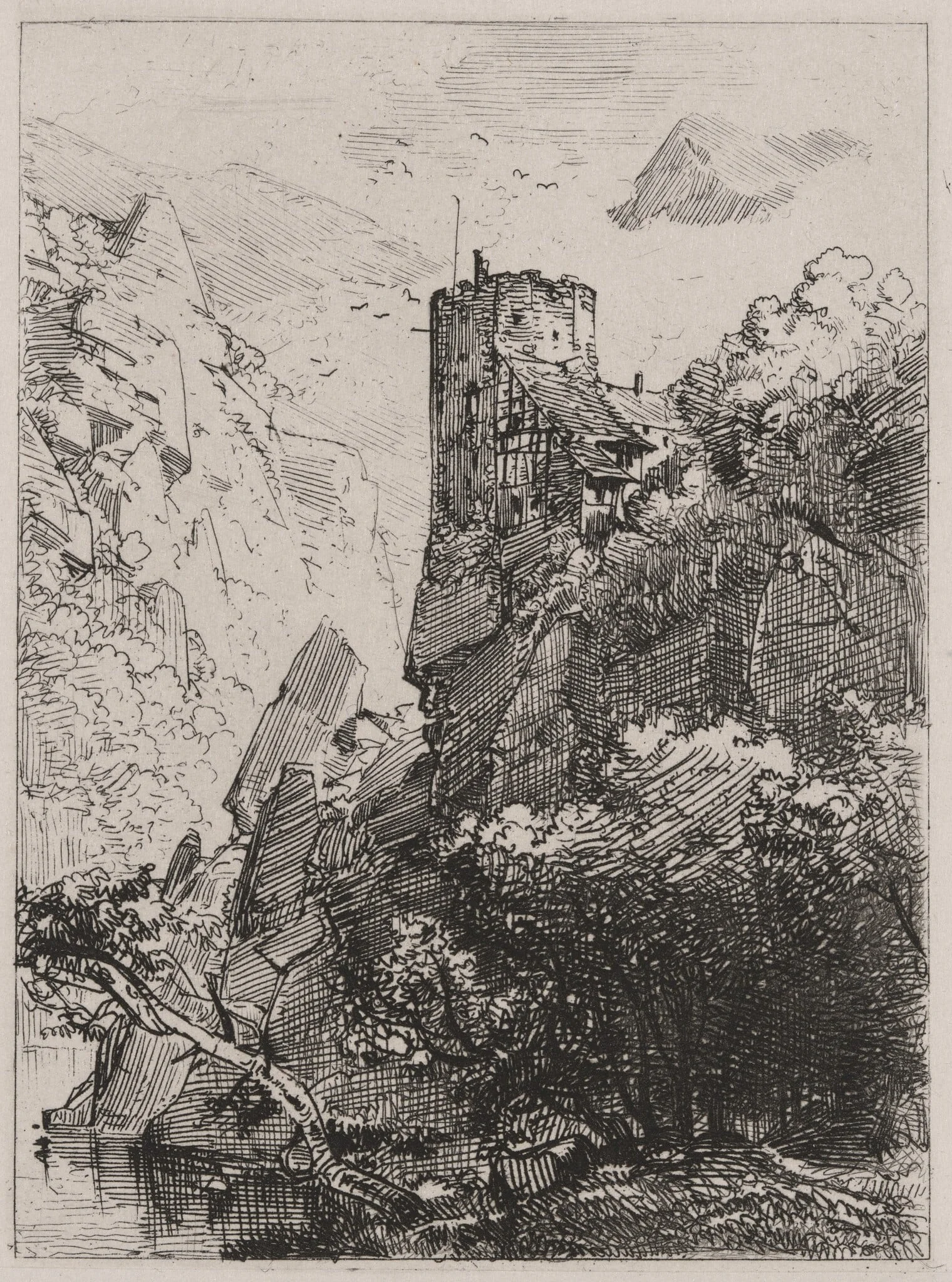 Watchtower on a Cliff with a Stream, detail
