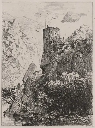 Watchtower on a Cliff with a Stream, by Caspar Johann Nepomuk Scheuren, ink, 1842