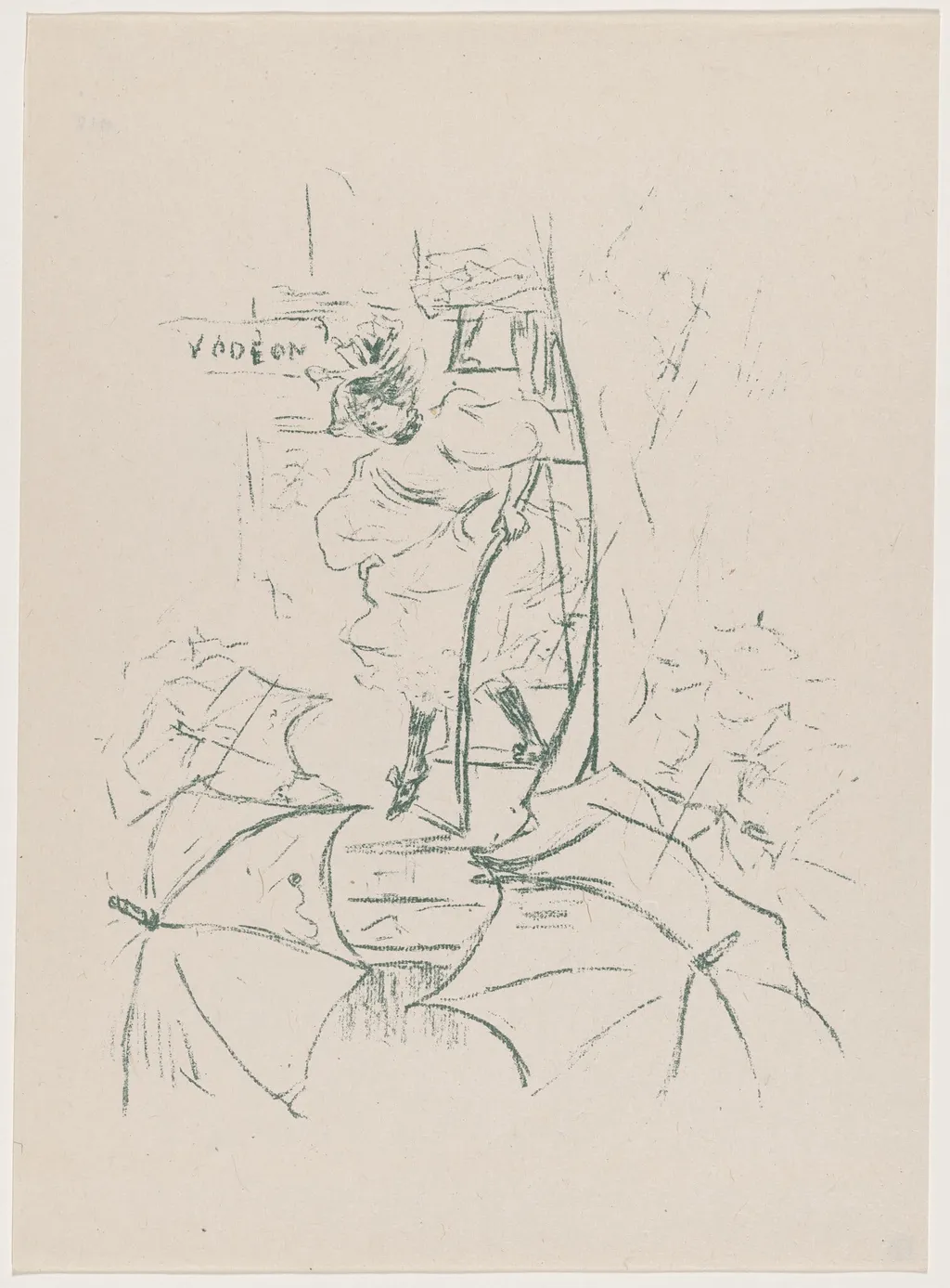 untitled (Woman descending onto a street of umbrellas), by Paul Edouard Crébassa, ink, 1895