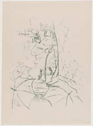 untitled (Woman descending onto a street of umbrellas), by Paul Edouard Crébassa, ink, 1895