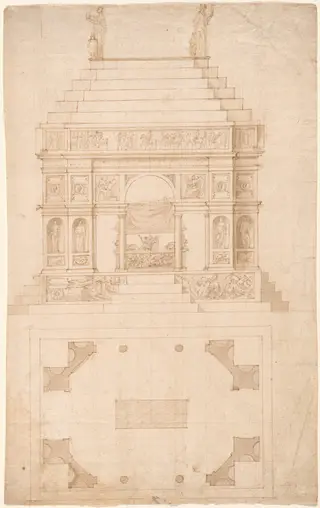An Imperial Tomb: Elevation and Ground Plan, by Antonio da Sangallo, ink, 1530