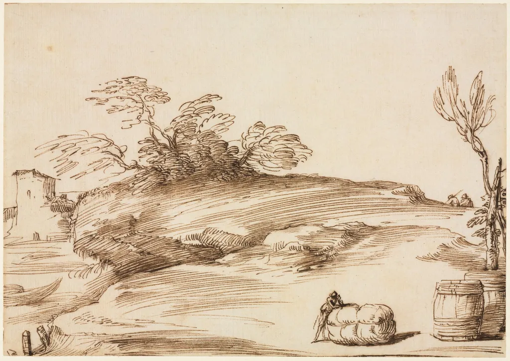 Landscape with a Man Leaning on a Bale, by Guercino, 1640
