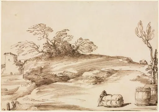 Landscape with a Man Leaning on a Bale, by Guercino, 1640