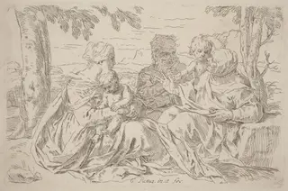 The Holy Family, by Simone Cantarini, ink, 1639