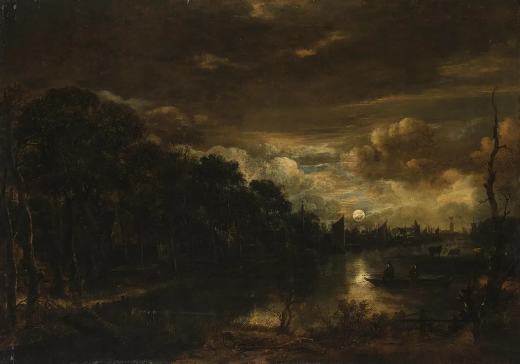 Night Landscape with a River, by Aert van der Neer, oil, 1650