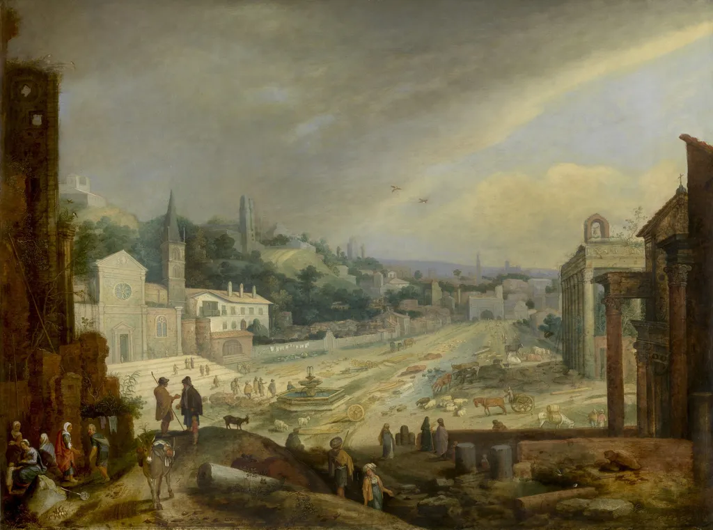 A View on the Campo Vaccino in Rome, by Willem van Nieulandt II, oil, 1611