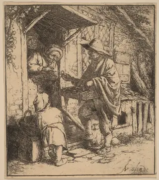 Street Vendor Selling Spectacles at the Door, by Adriaen van Ostade, ink, 1647