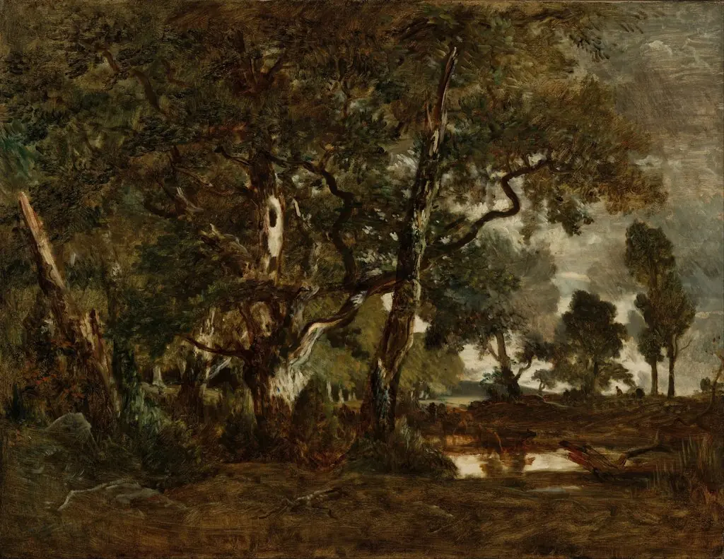 Forest of Fontainebleau, Cluster of Tall Trees Overlooking the Plain of Clair-Bois at the Edge of Bas-Bréau, by Théodore Rousseau, oil, 1850