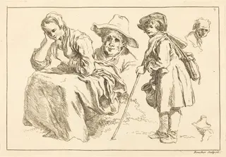 Figure Studies including  Standing Boy Holding a Pitcher, by François Boucher, ink, 1735