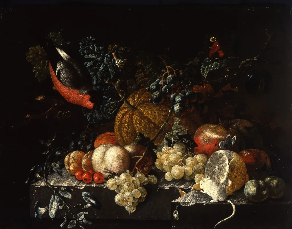 Stilleben mit Früchten, Blumen und Tieren (links ein Dompfaff), by Johann Amandus Winck, unspecified, 1792
