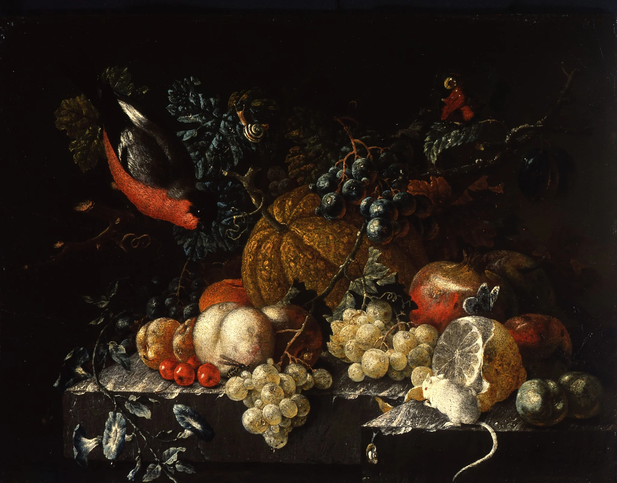 Stilleben mit Früchten, Blumen und Tieren (links ein Dompfaff), detail