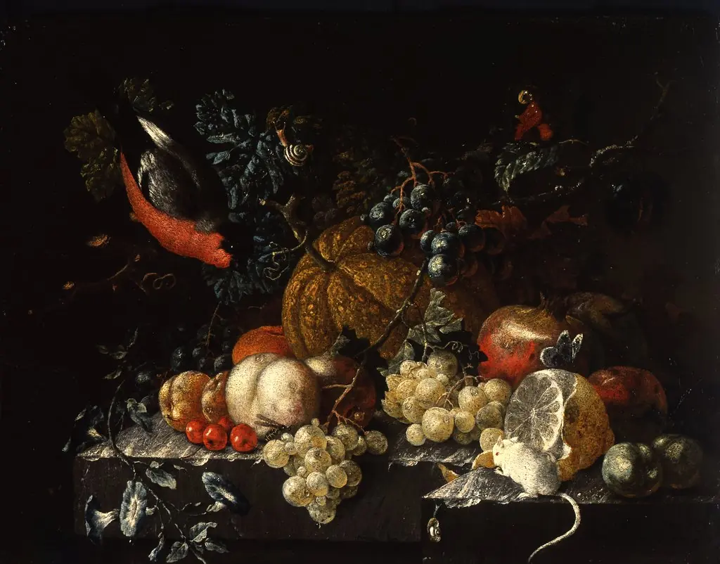 Stilleben mit Früchten, Blumen und Tieren (links ein Dompfaff), by Johann Amandus Winck, unspecified, 1792